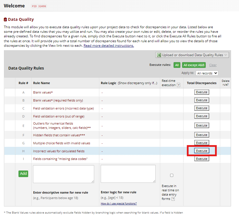 Data quality rules page with 'Execute' button of rule H highlighted