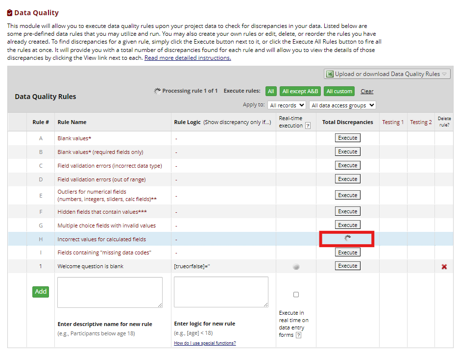 Data quality rules page with loading symbol as rule H runs