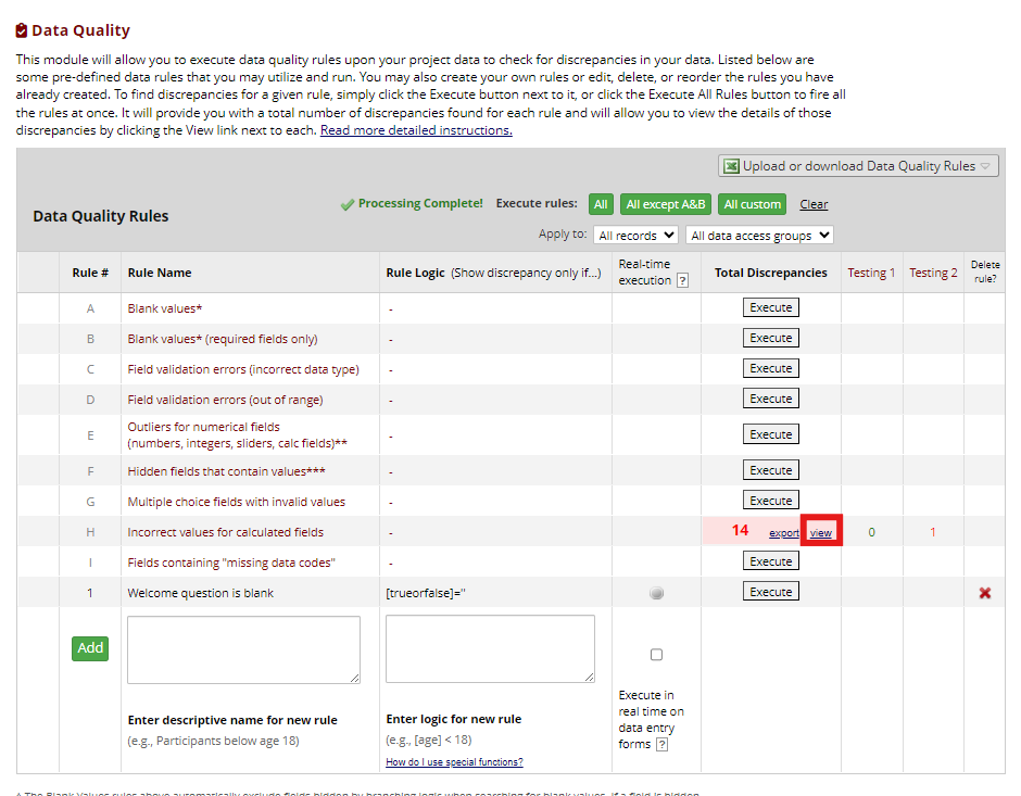 Data quality rules page with the rule H run completed and 'view' link highlighted