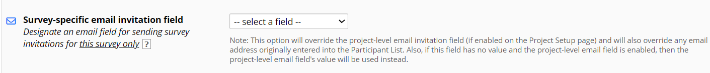 Survey specific email invitation field setting in survey settings