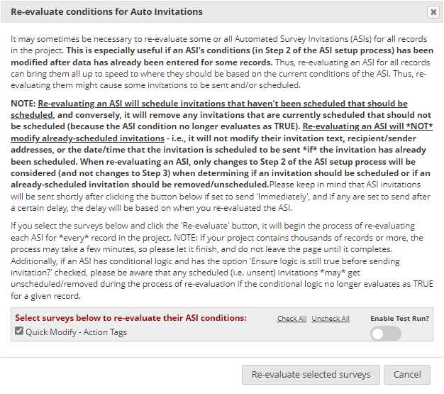 Re-evaluate Automated Survey Invitations pop-up