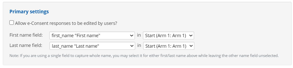 The primary settings in the e-Consent settings pop-up window
