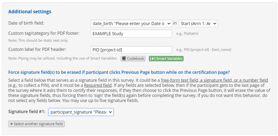The additional settings in the e-Consent settings pop-up window