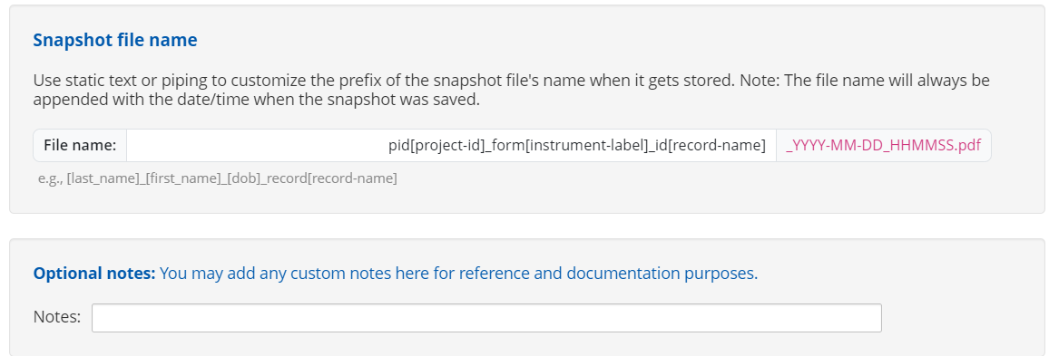 The Snapshot file name and optional notes settings in the e-Consent settings pop-up window