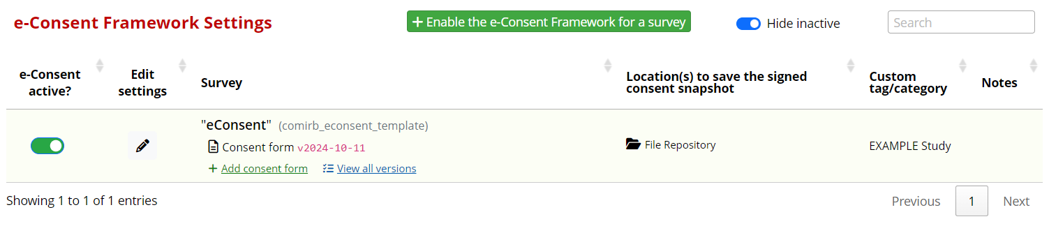 e-Consent settings page with new consent form version