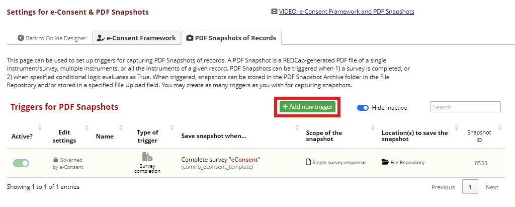 The PDF Snapshots page with the 'Add new trigger' button highlighted