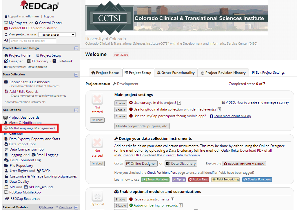 A REDCap project home page with the 'Multi-Language Management' link in the left hand panel highlighted
