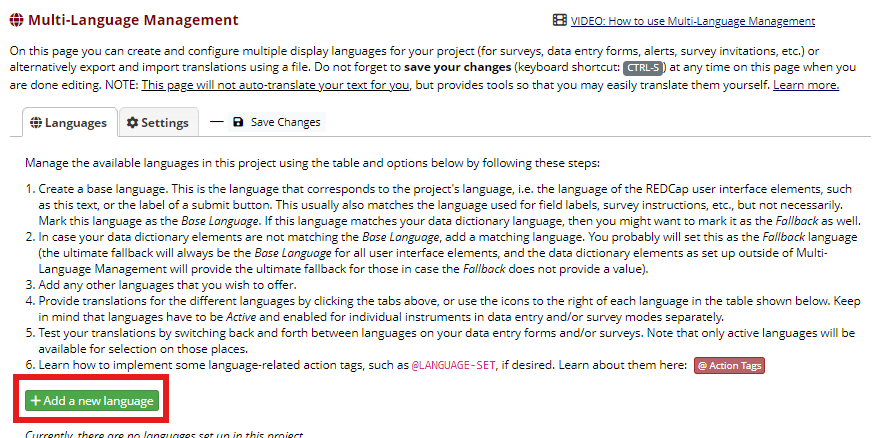 The Multi-Language Management home page with 'Add a new language' highlighted
