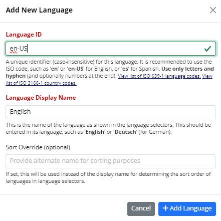 The 'Add a new language' pop-up second page
