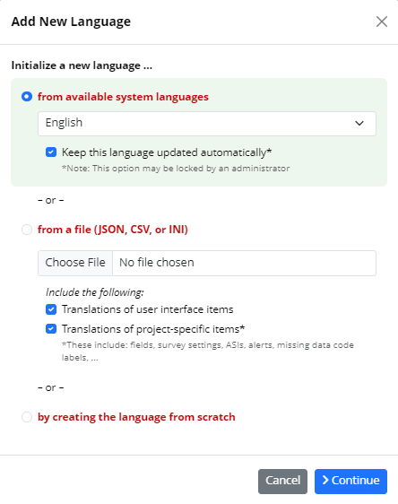 The 'Add a new language' pop-up first page