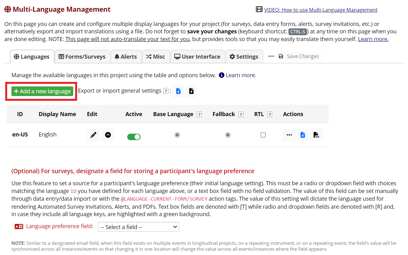 The Multi-Language Management home page with the 'Add a new language' button highlighted