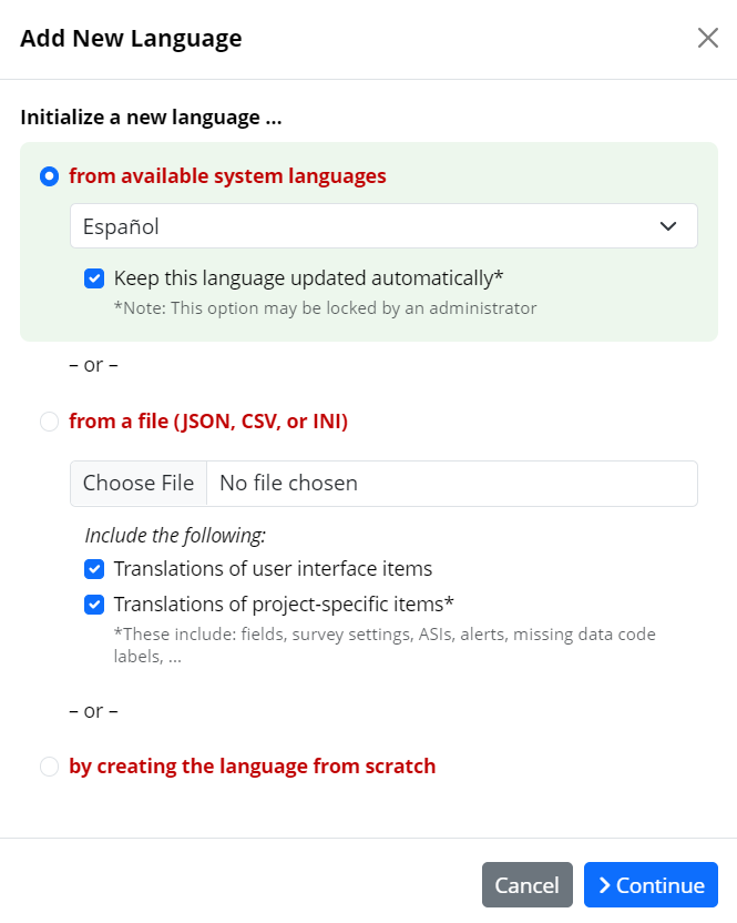 The 'Add a new language' pop-up first page with Espanol selected