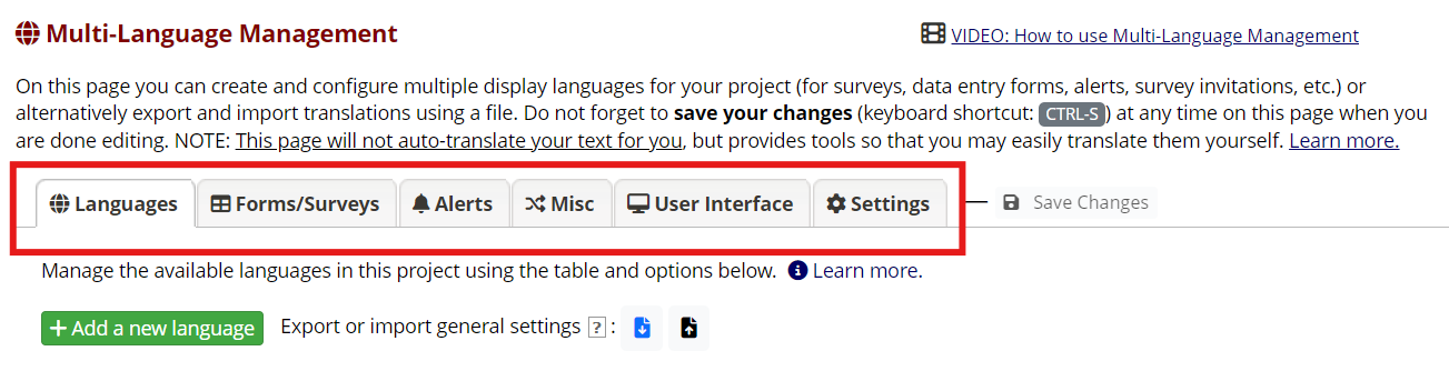 The Multi-Language Management bookmark tabs