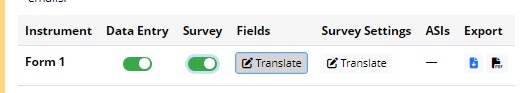 A form with 'Data Entry' and 'Survey' toggled on and the translate button highlighted