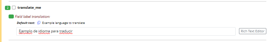 The 'translate_me' field in the translator tool with the English version translated