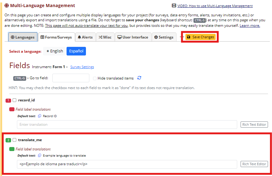 Multi-Language Management page with 'Save Changes' button highlighted