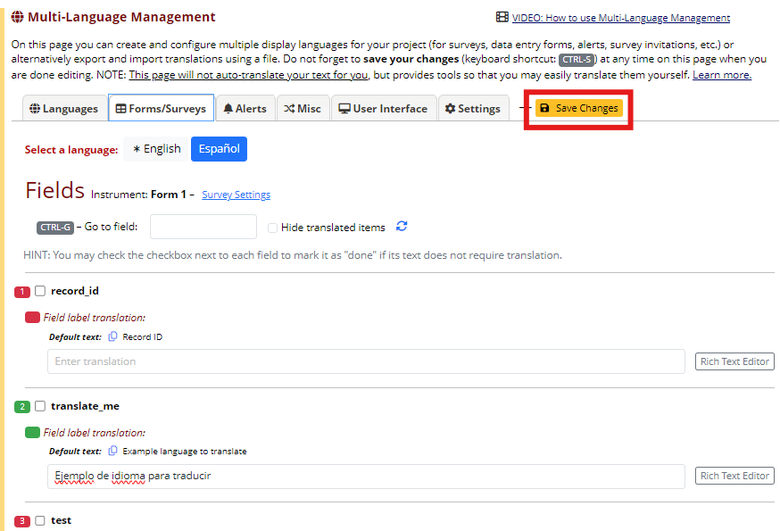 The translator tool page with the 'Save Changes' button highlighted