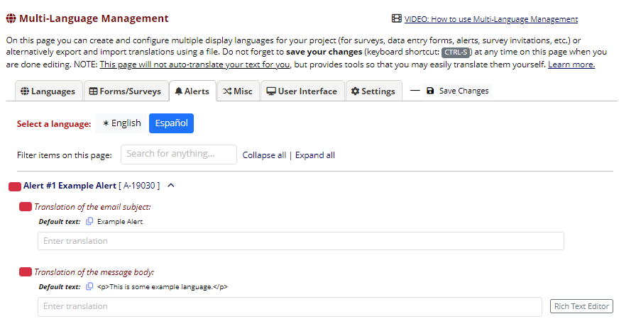 The Multi-Language Management 'Alerts' tab