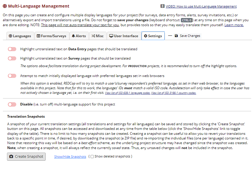 The Multi-Language Management 'Settings' tab