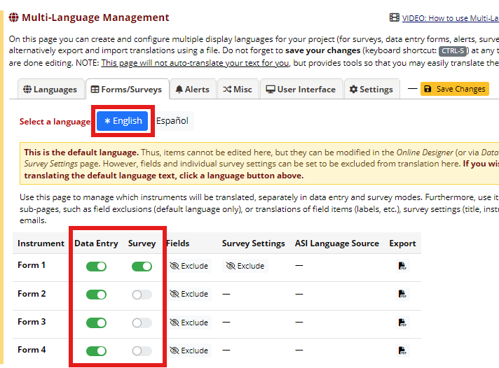 The Multi-Language Management Forms/Surveys tab with 'English' option selected and 'Data Entry' and 'Survey' columns highlighted