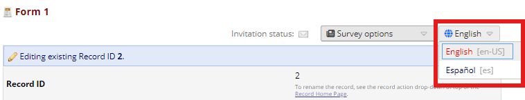 Data entry view of a record with the language widget highlighted