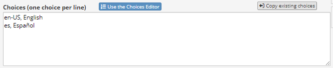 'Choices' section of field editor with ID and Display name as raw values and labels
