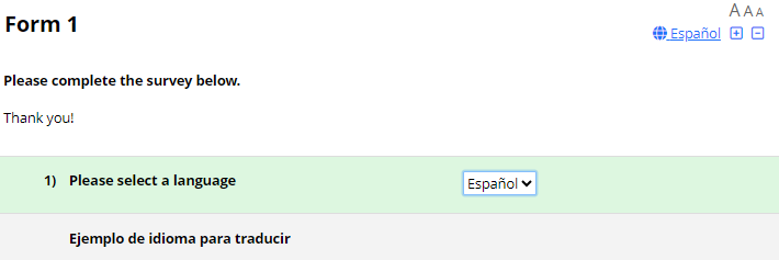 Spanish selection translates example text to Spanish