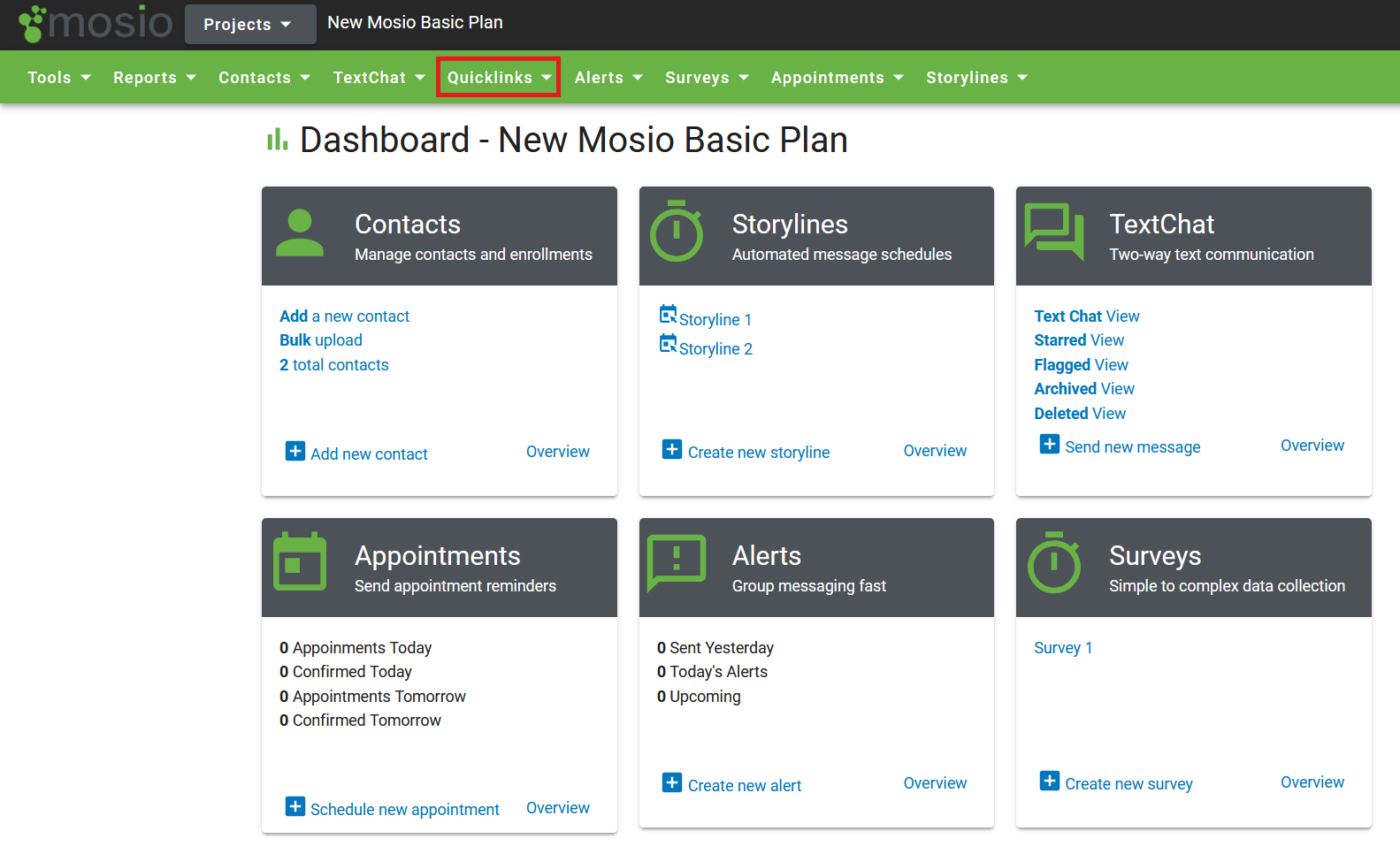 Screenshot of the Mosio project dashboard with the Quicklinks dropdown highlighted