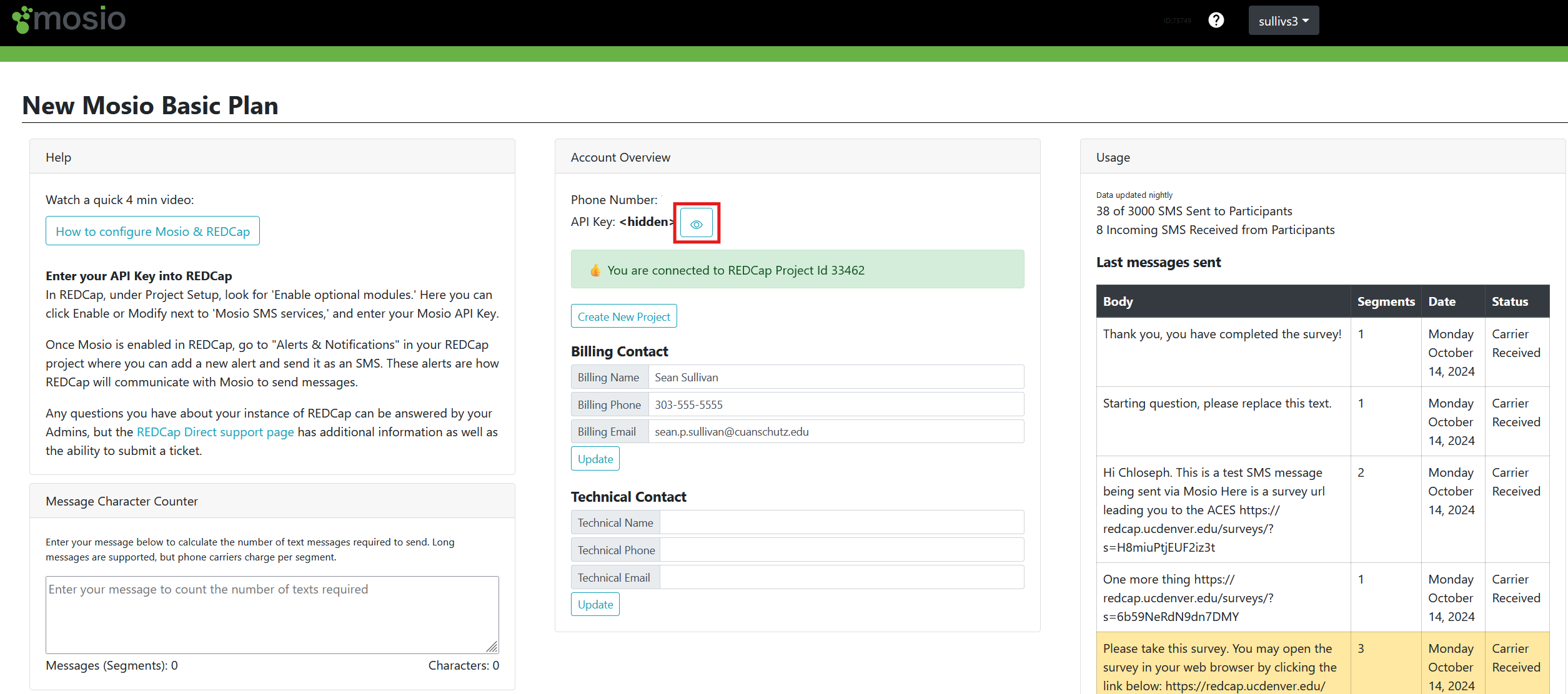 Screenshot of the Mosio direct dashboard with the API unhide button highlighted