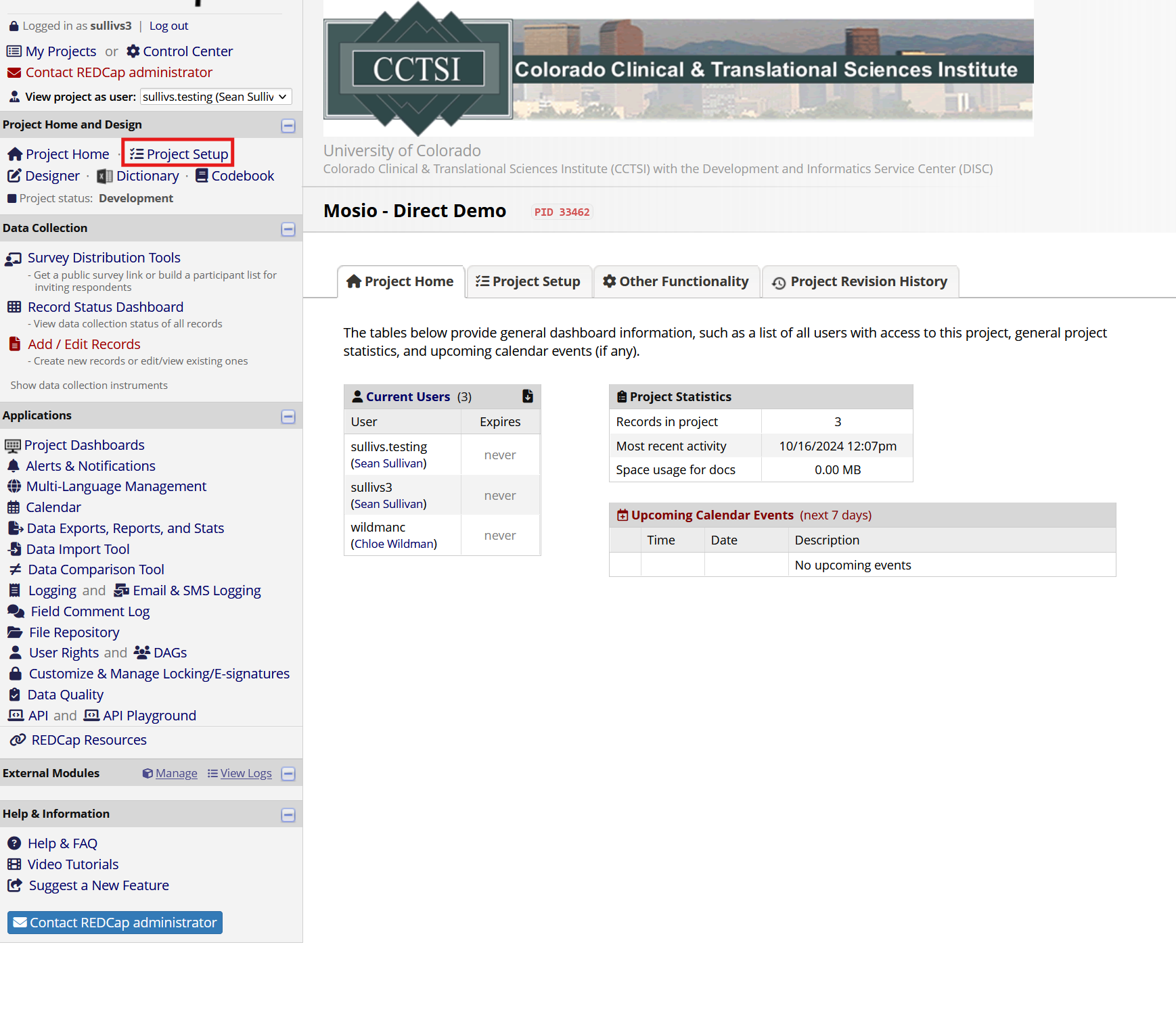 Screenshot of a REDCap Project homepage, with the Project Setup hyperlink highlighted