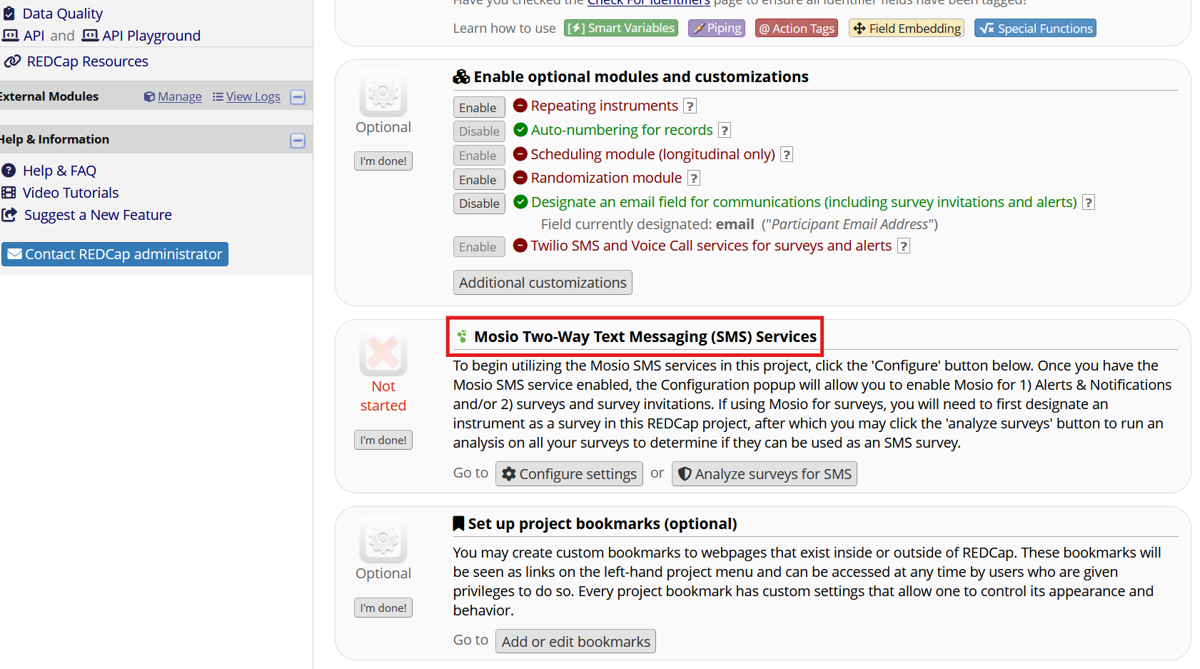 Screenshot of the REDCap Project Setup page, with the text Mosio Two-Way Text Messaging (SMS) Services highlighted