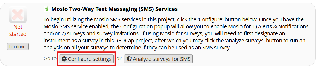 Screenshot of the REDCap Project Setup page, with the Configure settings button highlighted