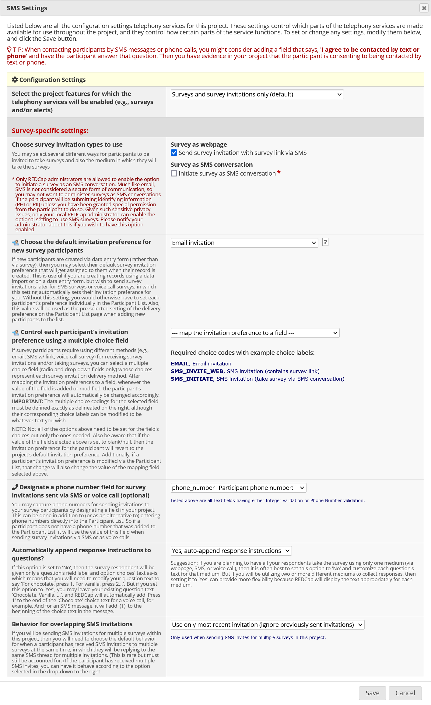 Screenshot of the SMS settings pop-up window on the REDCap Project Setup page.