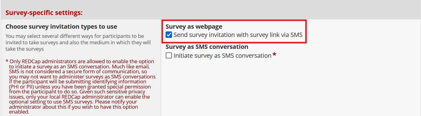 Screenshot of the SMS settings pop-up window on the REDCap Project Setup page, with the Survey as webpage option highlighted