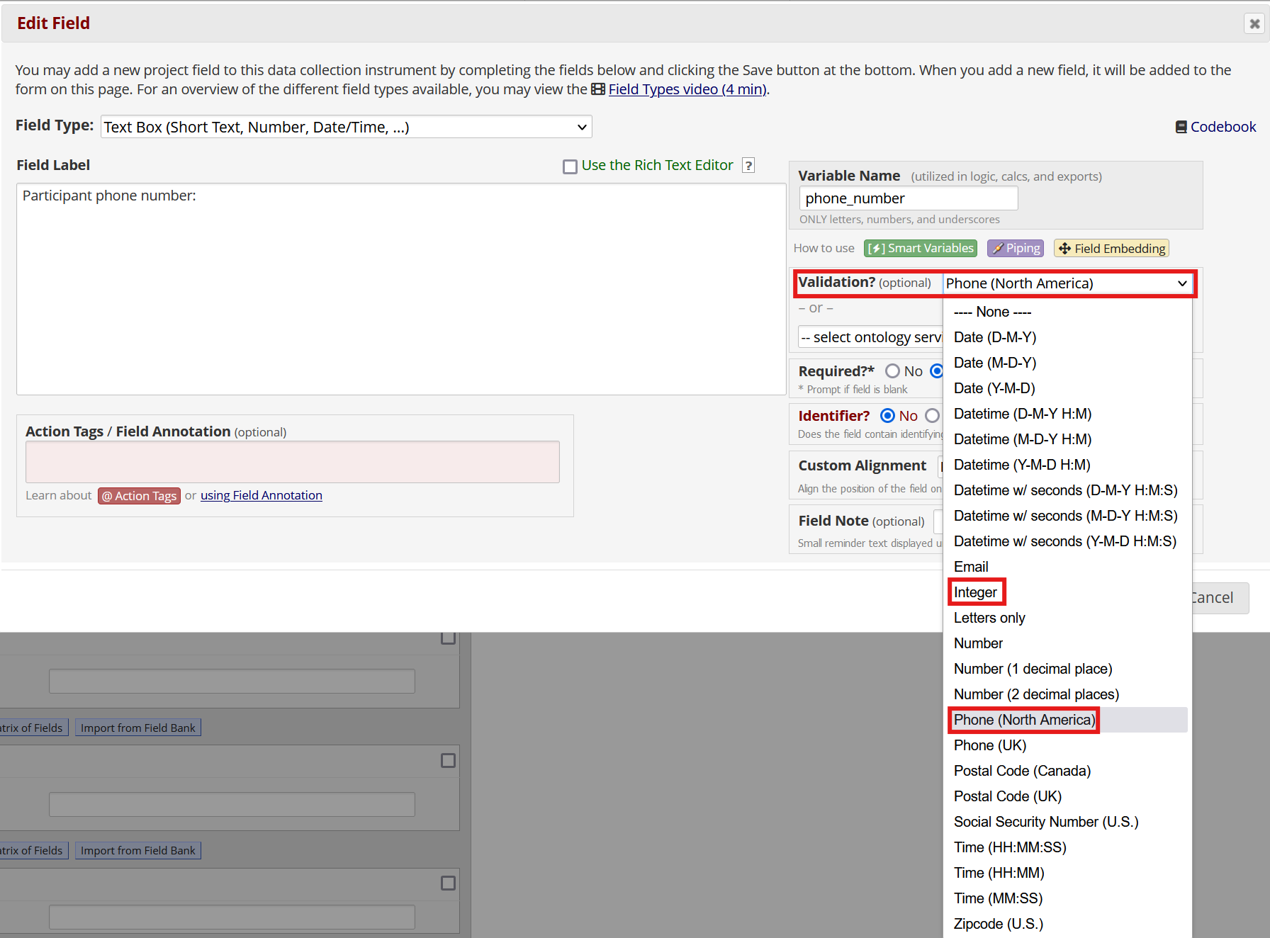 Screenshot of REDCap's field editor, with the validation dropdown open. Phone and integer validation are highlighted