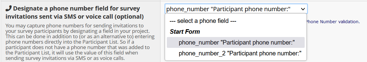 Screenshot of the 'Designate a phone number field for survey invitations' section of SMS settings, displaying field names from the provided dropdown