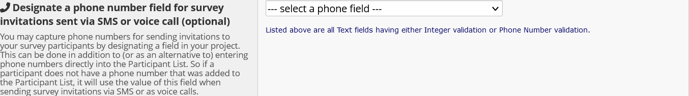 Screenshot of the SMS settings pop-up window on the REDCap Project Setup page, only displaying the section for 'Designate a phone number field for survey invitations sent via SMS or voice call'