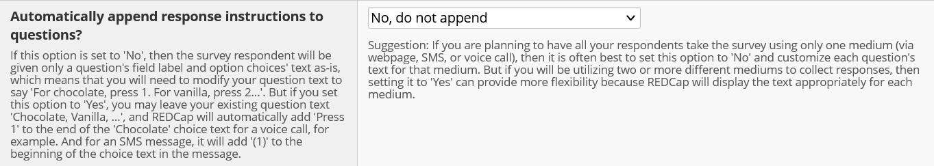 Screenshot of the 'Automatically append response instructions to questions?' section of the SMS settings for the project setup page