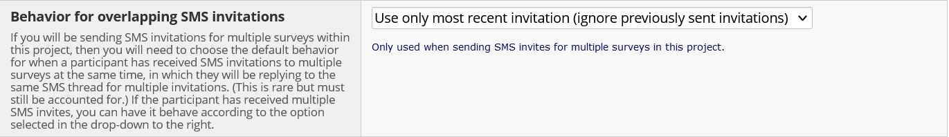 Screenshot of the 'Behavior for overlapping SMS invitations' section of the SMS settings for the project setup page