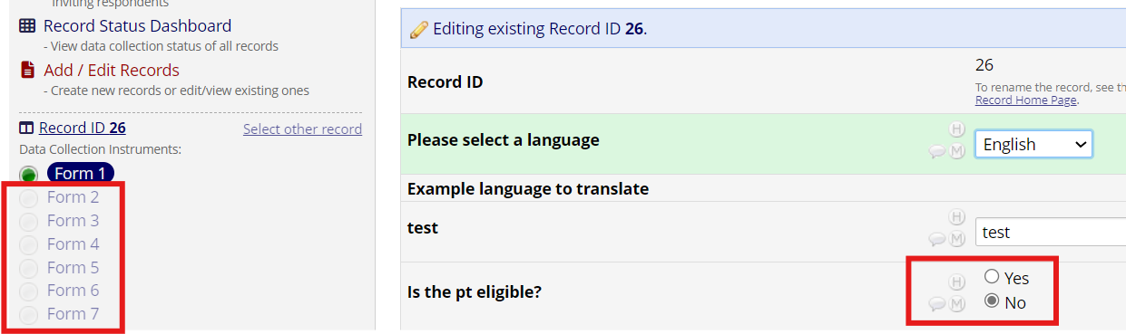 A record with 'No' selected for the eligibility question and forms 2-8 inaccessible