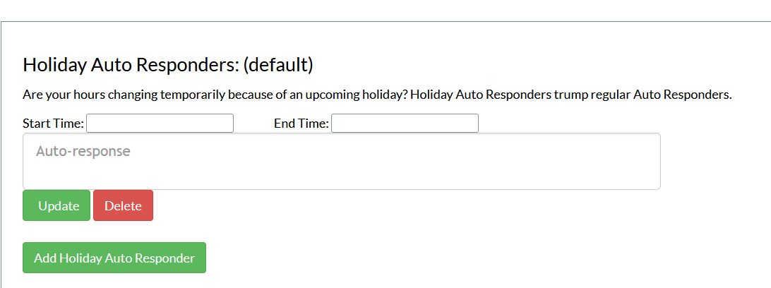 Screenshot of the auto responders page in Mosio after the Add Holiday Auto Responders button has been pressed