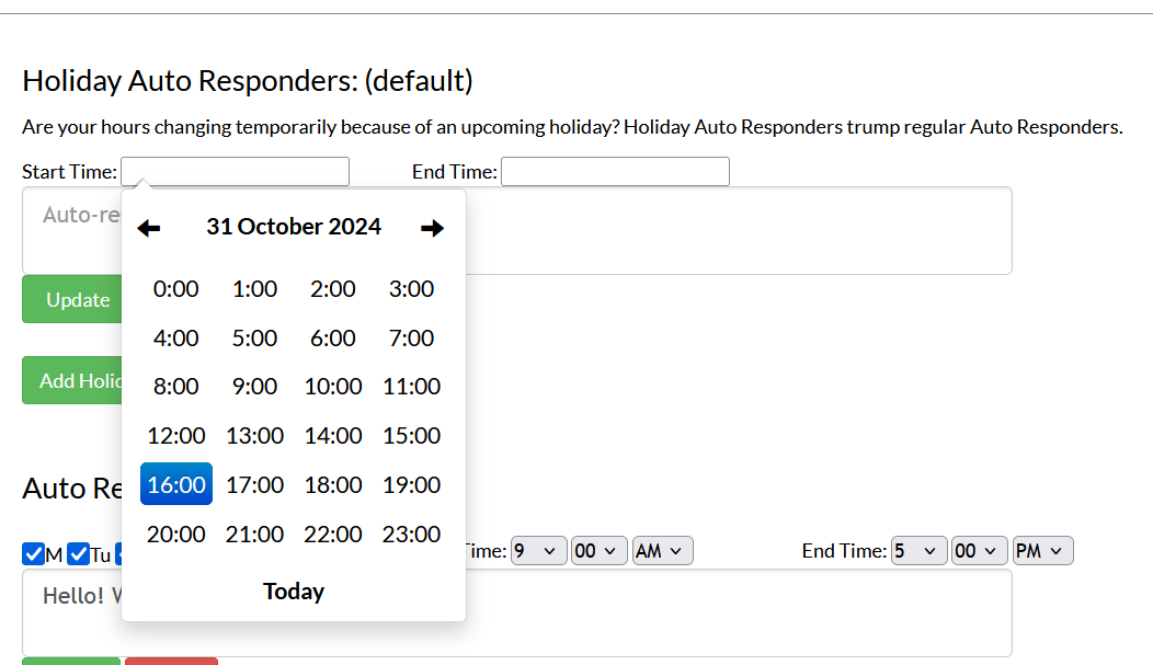 Screenshot of the auto responders page in Mosio, with the start time calendar on the hour selection page