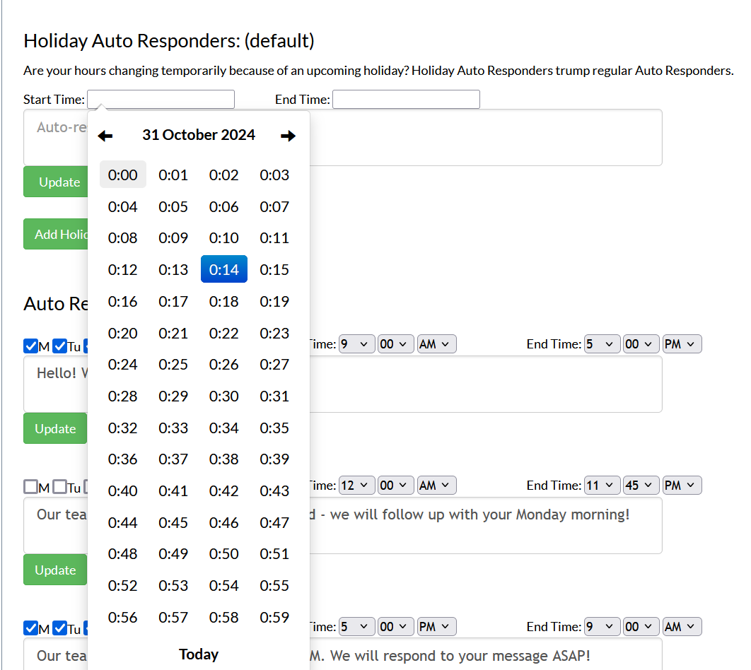 Screenshot of the auto responders page in Mosio, with the start time calendar on the minute selection page