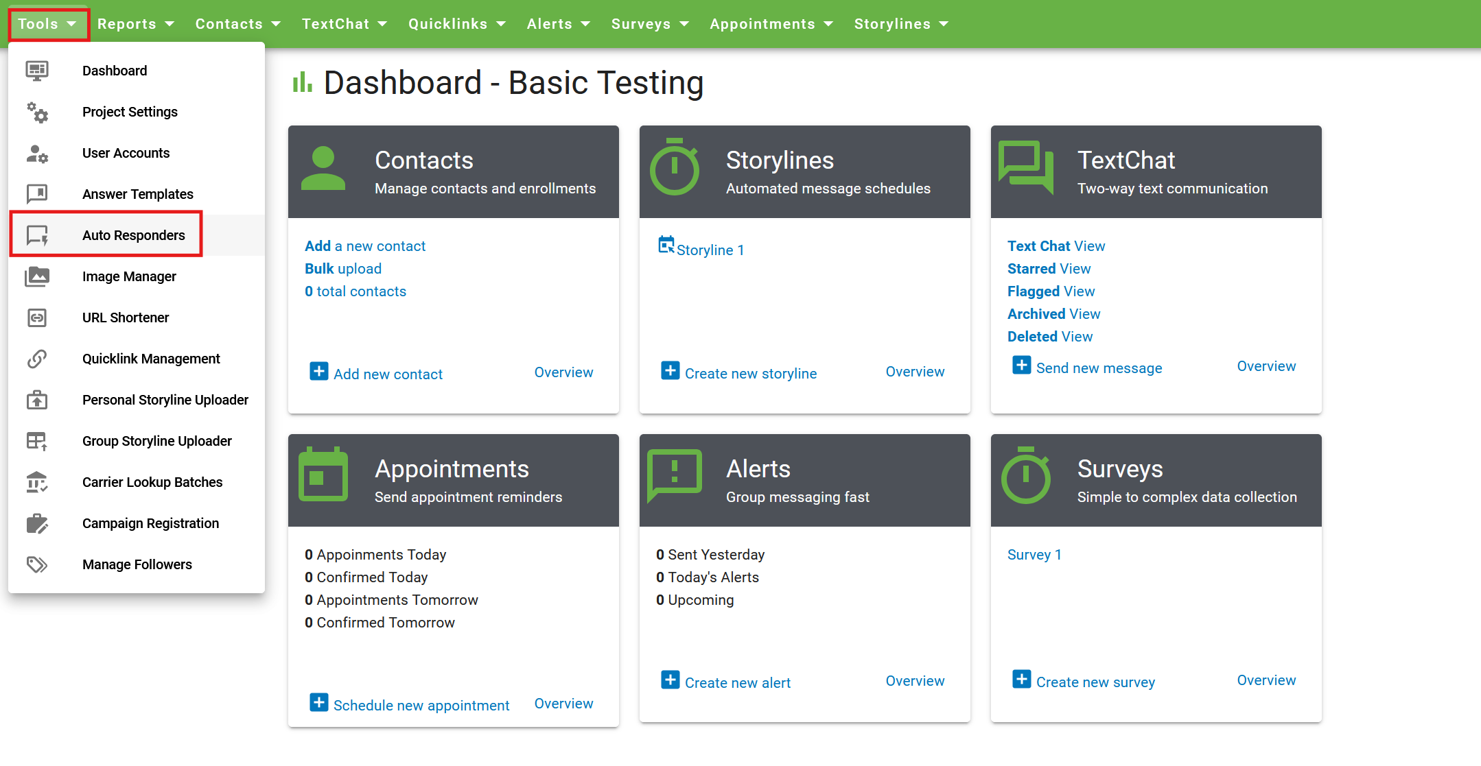 Screenshot of the Mosio project dashboard with the Tools dropdown menu selected and highlighted. The Auto Responders option is also highlighted.