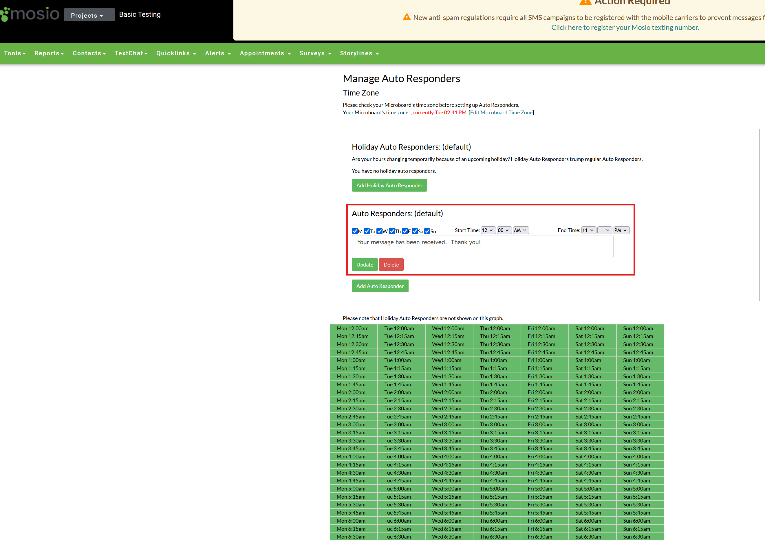 Screenshot of Mosio auto respodner page, with all auto responder fields highlighted