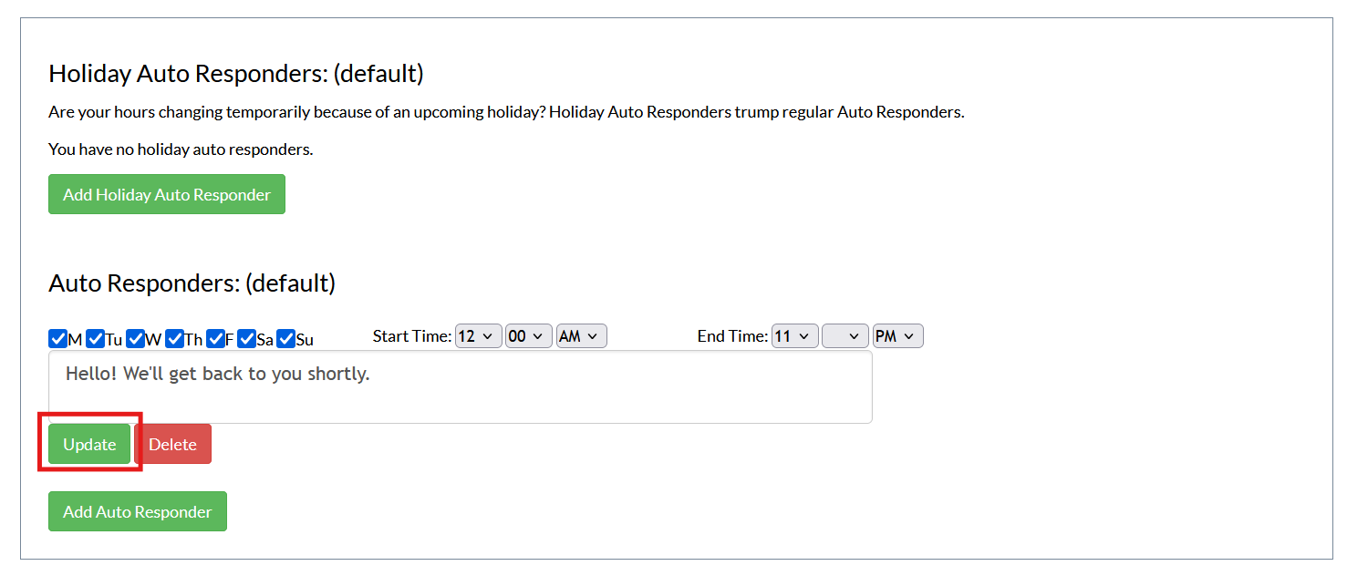 Screenshot of the auto responders page in Mosio, with the update button for auto responders (default) highlighted