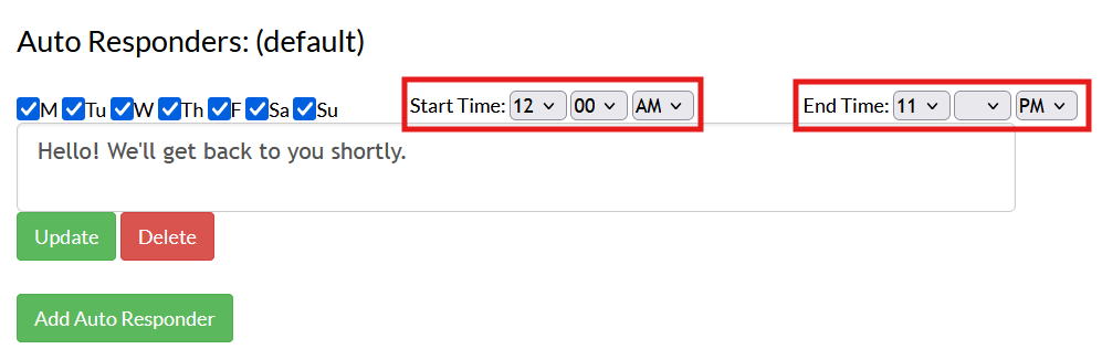 Screenshot of the auto responders page in Mosio, with the Auto Responders time fields highlighted.