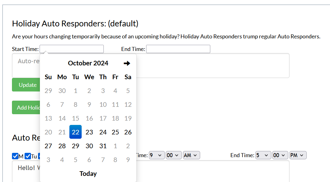 Screenshot of the auto responders page in Mosio, with the start time calendar on the date selection page