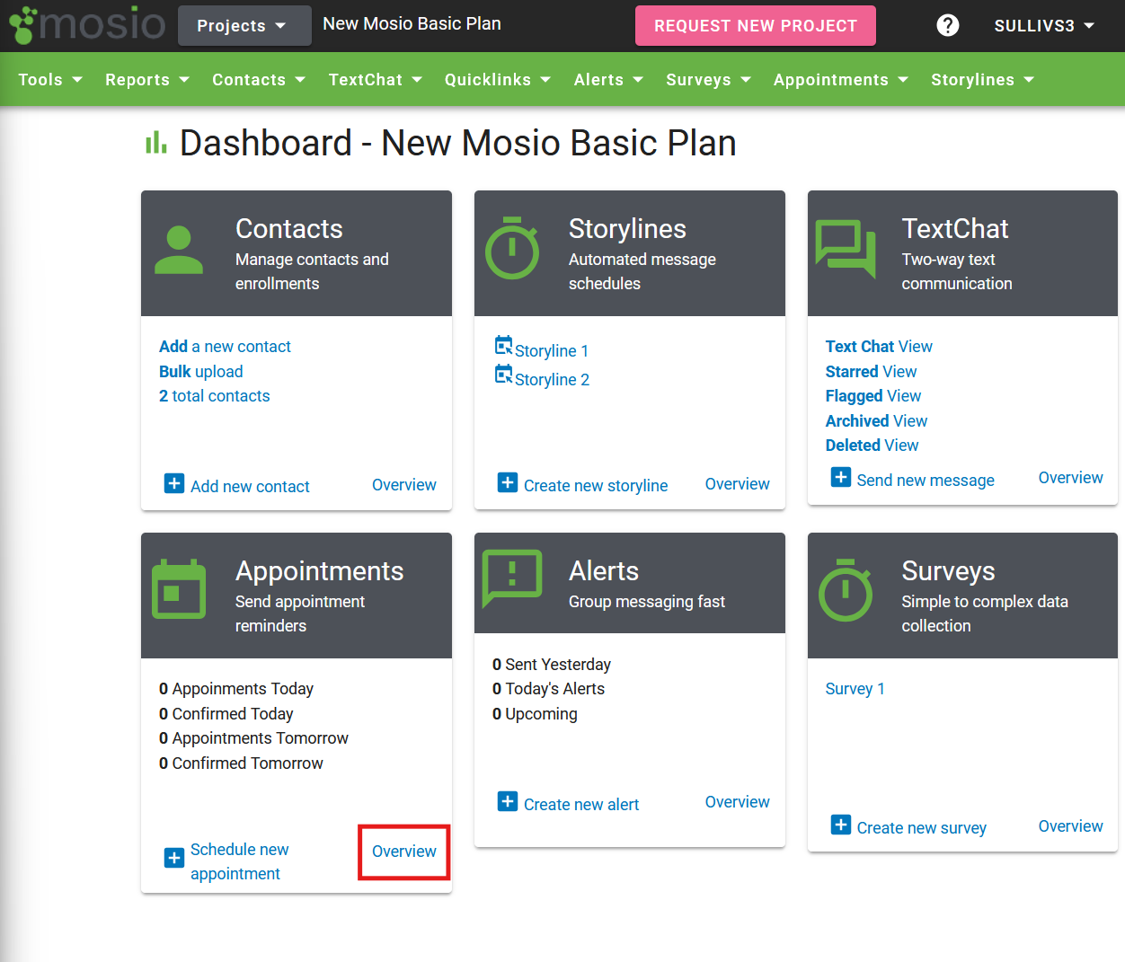 Screenshot of a Mosio project dashboard with the overview link inside the appointments tile highlighted.