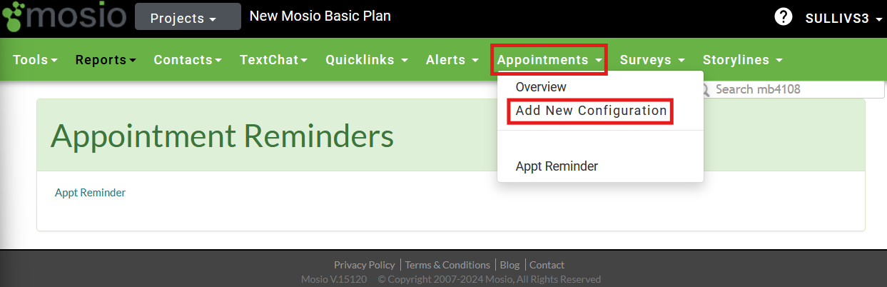 Screenshot of the appointment reminders overview page in Mosio, with the appointments dropdown expanded and highlighted. In the expanded dropdown the add new configuration option is also highlighted.